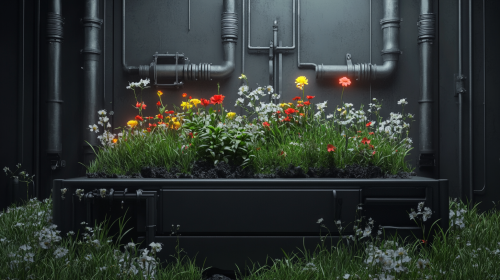 Big platform with flowers in dark cyborg complex