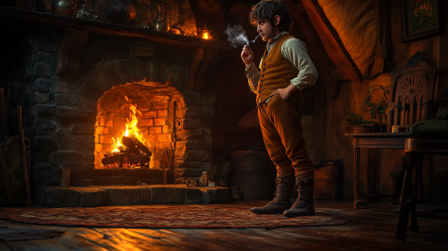 Bilbo Baggins at Bag End fireplace, smoking pipe