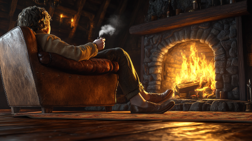 Bilbo Baggins relaxing by fireplace in hyper-realistic 8k