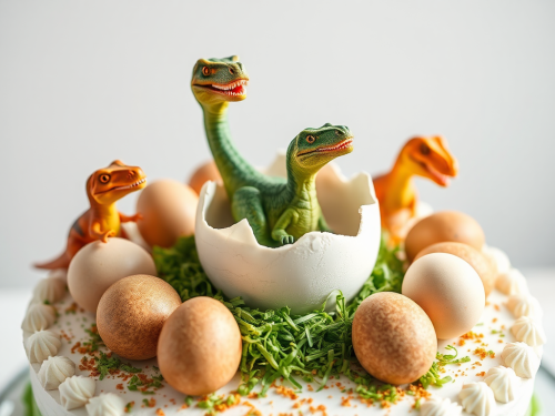 Birth of dinosaur from egg on birthday cake.