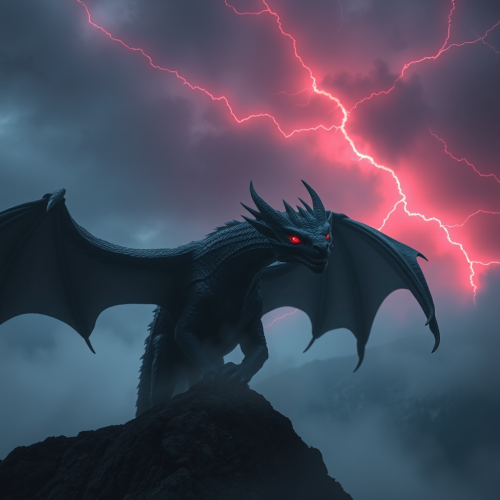Black Dragon with Red Glowing Eyes in Stormy Sky Black Dragon with Red Glowing Eyes in Stormy Sky
