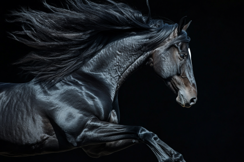 Black Horse Rises with Long Mane in Air