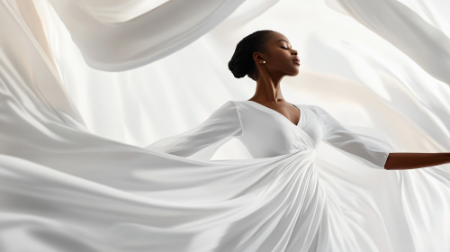 Black Model in Elegant Silk Dress, White Background
