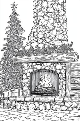 Black and White Christmas Cabin Fireplace Scene Black and White Christmas Cabin Fireplace Scene