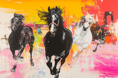 Black horses galloping in detailed background, forward movement