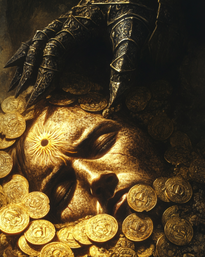 Black knight's clawed hand grips golden coins