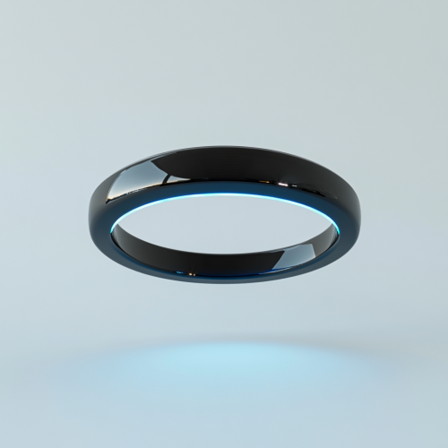 Black ring with blue light on white background