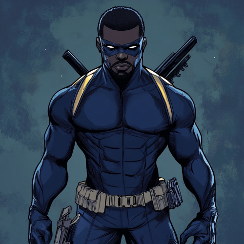 Black superhero in navy blue suit with weapons, comic style  Black superhero in navy blue suit with weapons, comic style