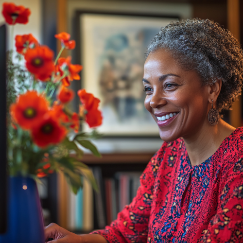 Black woman smiling at virtual meeting, engaging with screen.