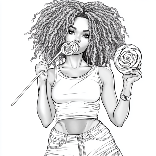 Black woman with Afro puffs eats giant lollipop.