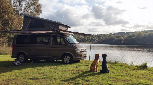 Blackberry Metallic 2014 T5 Transporter Camper Van with Cockapoo and Doberman by Lake