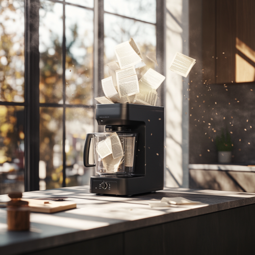 Blender blending books of knowledge in kitchen