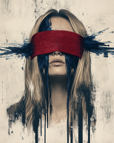 Blindfolded woman with dripping blue paint, surreal background