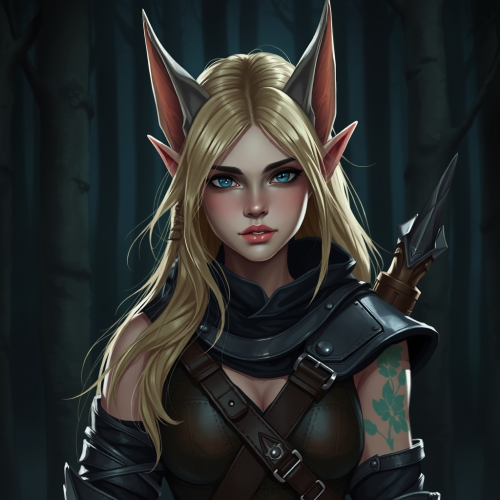 Blond elf rogue wearing leather armor in forest.