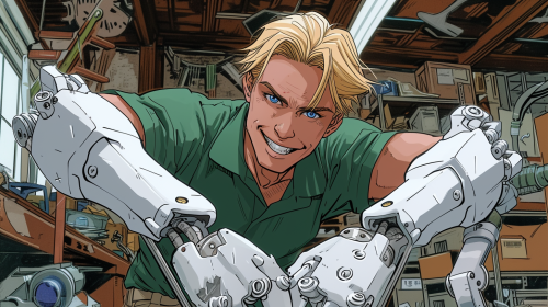 Blonde man with mechanical arms in workshop