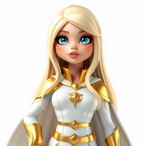 Blonde Superhero with Blue Eyes in White & Gold