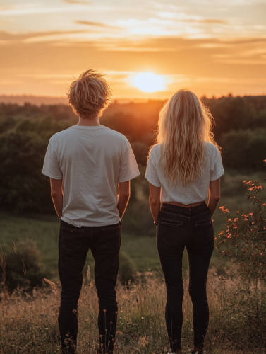 Blonde couple in black shoes watching sunset together.