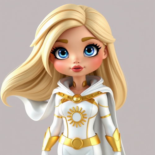 Blonde female superhero with white and gold costume.