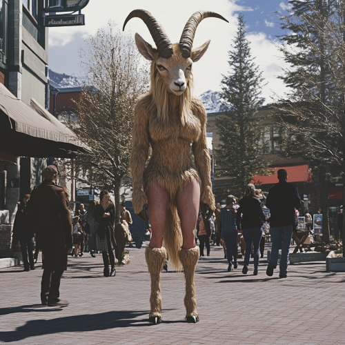 Blonde fur faun with goat legs in city square.