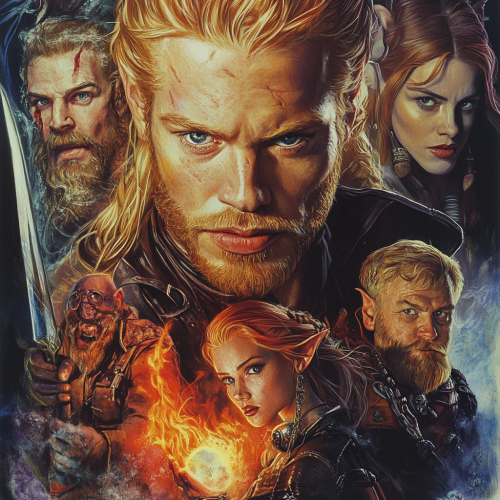 Blonde man, red-haired elf, fire genasi, lute player.