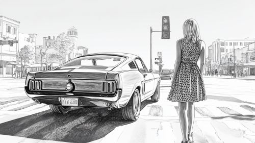 Blonde woman walks towards cool car in city