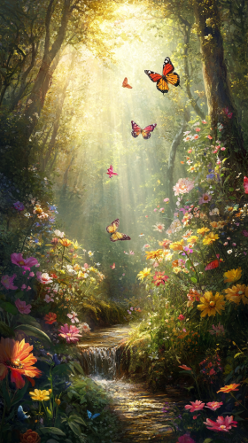 Blooming flowers in magical garden with butterflies and sunlight. Blooming flowers in magical garden with butterflies and sunlight.