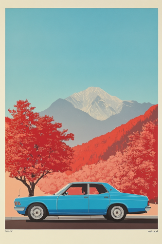 Blue Car Parked Among Red Mountains