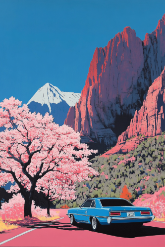 Blue Car Parked on Road with Red Mountains