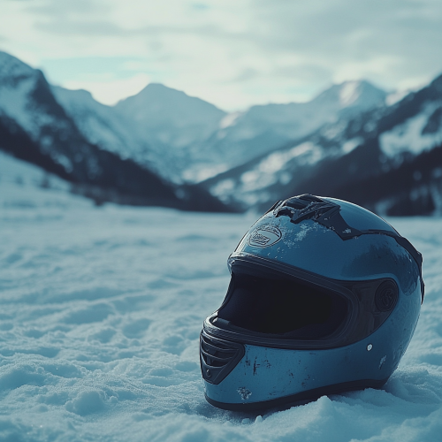 Blue motorcycle helmet in snowy mountainous landscape.