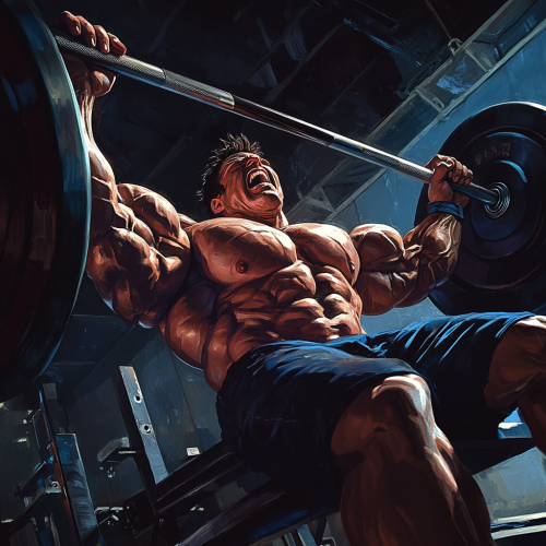 Bodybuilder grimaces lifting barbell flat bench press above chest.