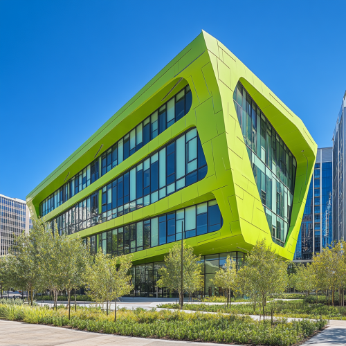 Bold, green building surrounded by peaceful courtyard and trees.