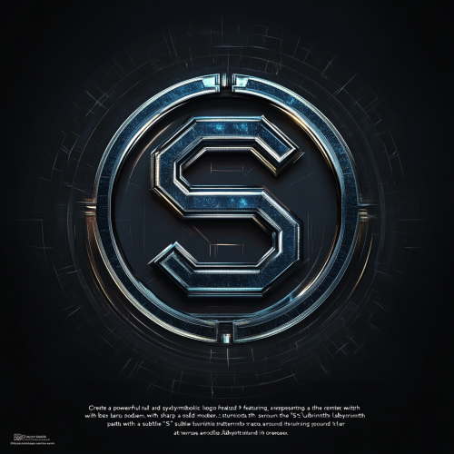 Bold 'S' surrounded by labyrinth pattern, cyberpunk style.