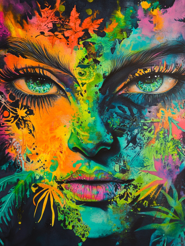 Bold watercolour painting with psychedelic natural scenes influence.