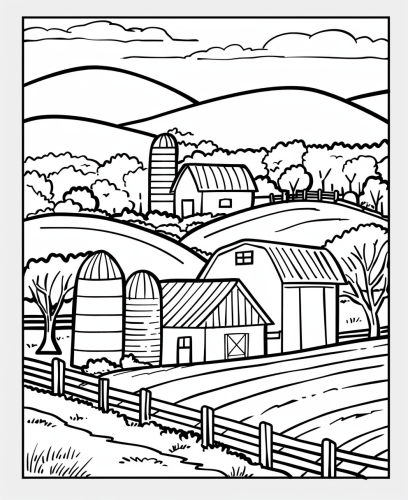 Book page: Black and white farm illustration.