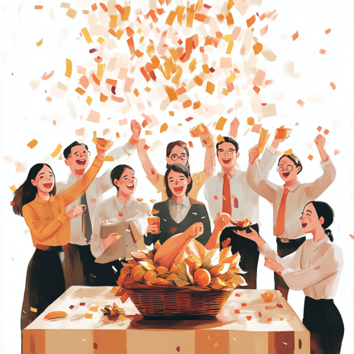 Bookkeepers celebrating Thanksgiving with turkey and confetti décor