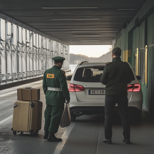 Border control scene: Ukraine-Romania checkpoint, car inspection, travel prep.