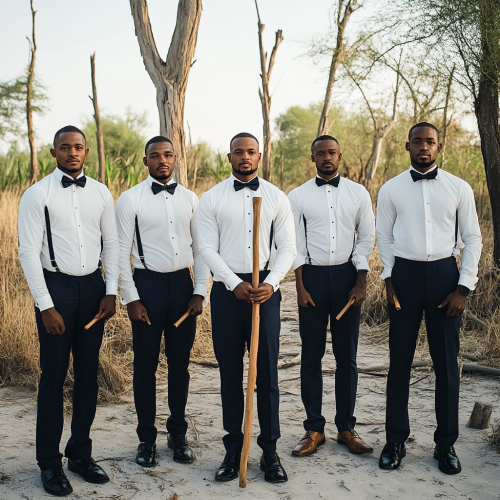 Botswana wedding groom with groomsmen, holding staff, fancy attire.
