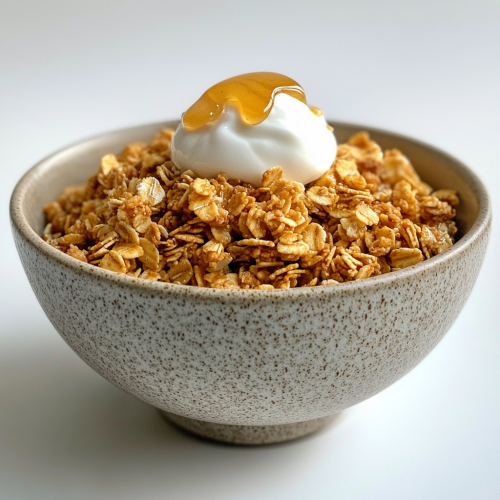 Bowl of golden granola with yogurt and honey on top.