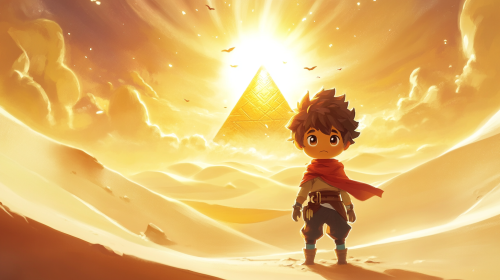 Boy's Hopeful Journey Towards Glowing Pyramid