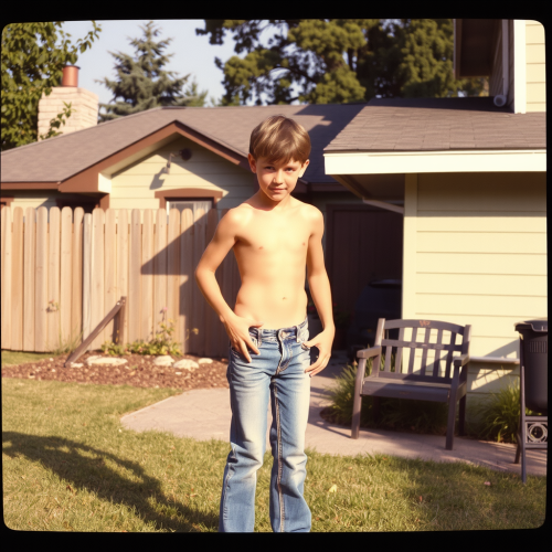 Boy Doing Yard Work in 1980s Suburb
