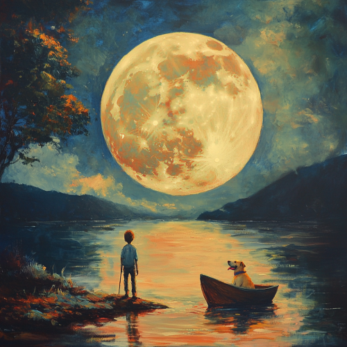 Boy and Dog by Lake under Big Moon