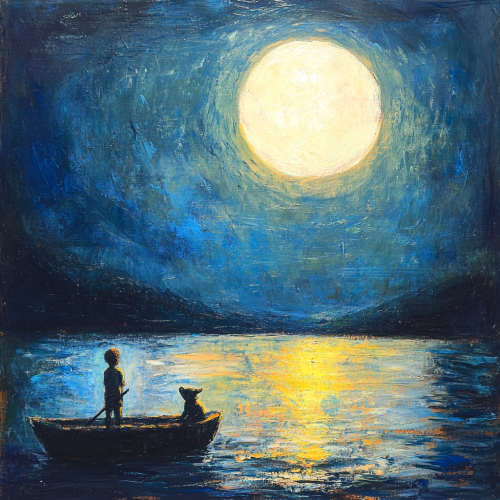Boy and dog in boat under moonlit sky