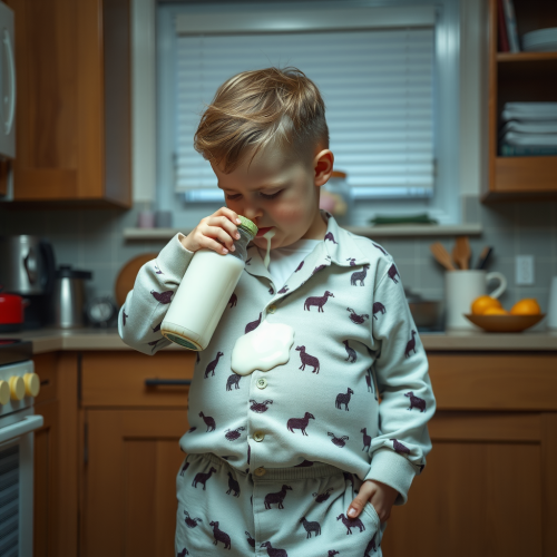 Boy in Pajamas Drinks Weight Gain Milk at Night