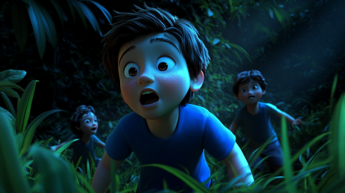 Boy with short brown hair in blue t-shirt sighing, argument, shout, excitement. Jungle scene at night, high detail, vivid color.