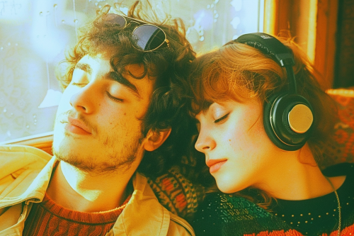 Boy with sunglasses looks lovingly at girl with headphones.