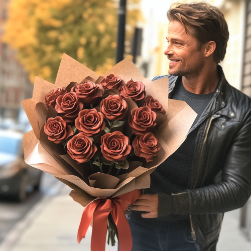 Brad Pitt holding a bouquet of chocolate roses. Brad Pitt holding a bouquet of chocolate roses.