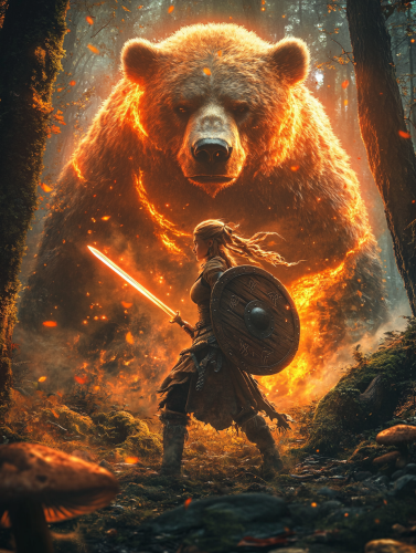 Brave Viking girl fights with spirit and bear