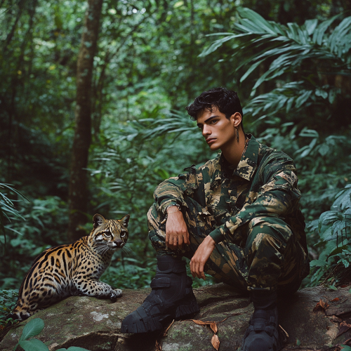 Brazilian male model in camouflage clothing with ocelot
