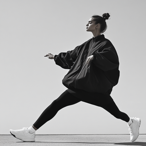 Brazilian woman in stylish black jacket poses dynamically