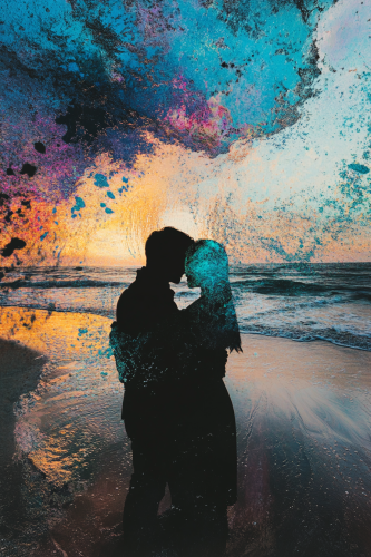 Bright and Dark Silhouettes Hug on Beach